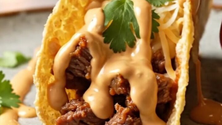 Baked chipotle beef tacos standing in a baking dish, topped with melted cheese and drizzled with crema