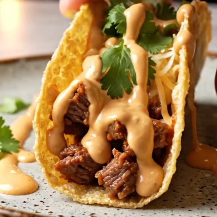 Baked chipotle beef tacos standing in a baking dish, topped with melted cheese and drizzled with crema