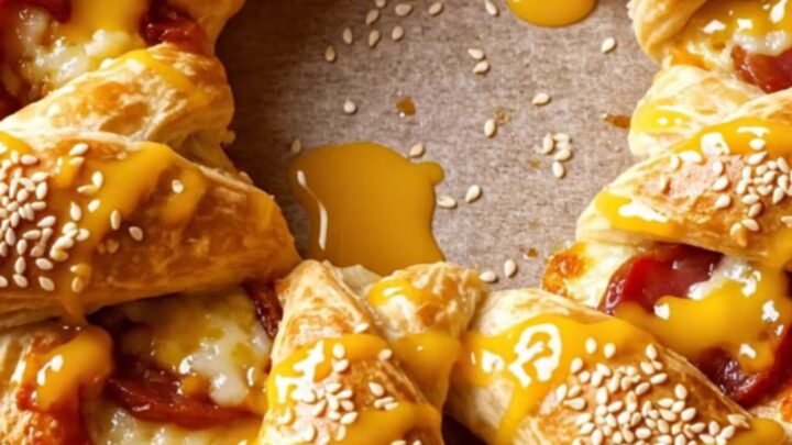 Golden crown pizza ring with sesame seeds and melted cheese on a baking sheet