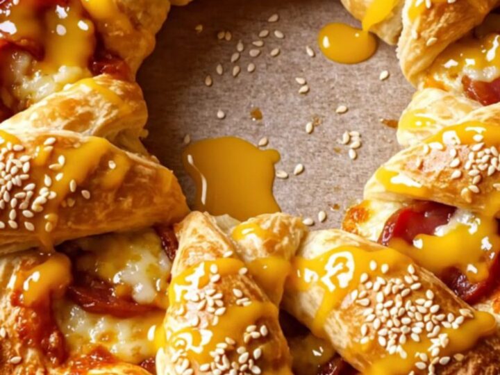 Golden crown pizza ring with sesame seeds and melted cheese on a baking sheet