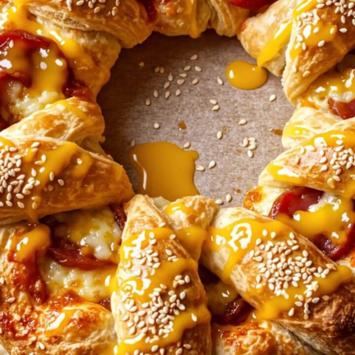 Golden crown pizza ring with sesame seeds and melted cheese on a baking sheet