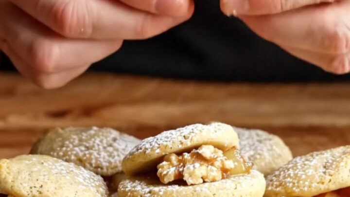 Golden toasted flour apple walnut cookies dusted with powdered sugar on a rustic plate