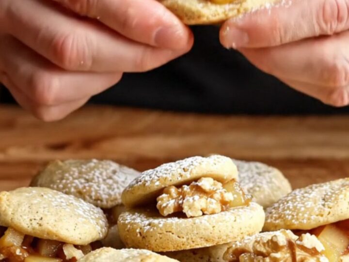 Golden toasted flour apple walnut cookies dusted with powdered sugar on a rustic plate