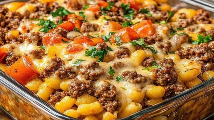A close-up of a serving spoon scooping out a portion of Hamburger Supreme Casserole with a dramatic melted cheese pull.