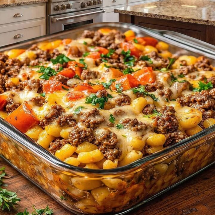 A close-up of a serving spoon scooping out a portion of Hamburger Supreme Casserole with a dramatic melted cheese pull.