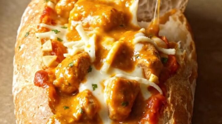 Creamy butter chicken garlic bread with melted mozzarella and charred chicken pieces on a baking sheet.