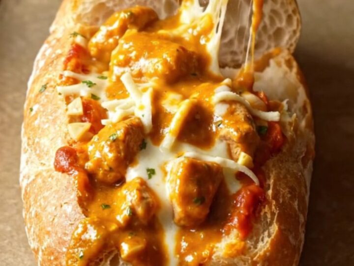 Creamy butter chicken garlic bread with melted mozzarella and charred chicken pieces on a baking sheet.
