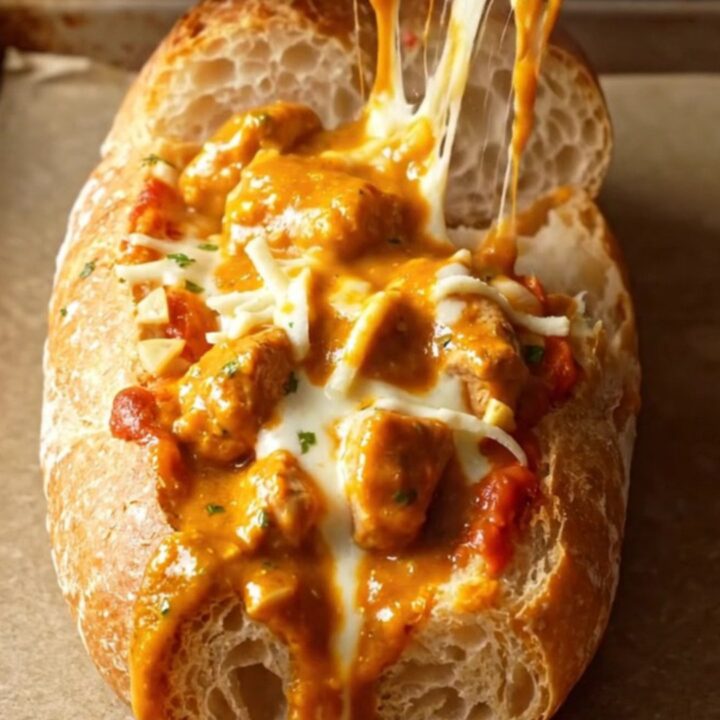 Creamy butter chicken garlic bread with melted mozzarella and charred chicken pieces on a baking sheet.