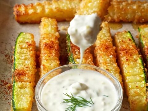 Golden crispy zucchini fries with garlic yogurt dip