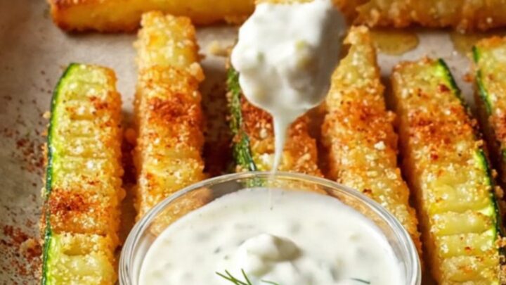 Golden crispy zucchini fries with garlic yogurt dip