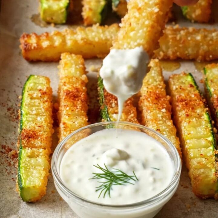 Golden crispy zucchini fries with garlic yogurt dip