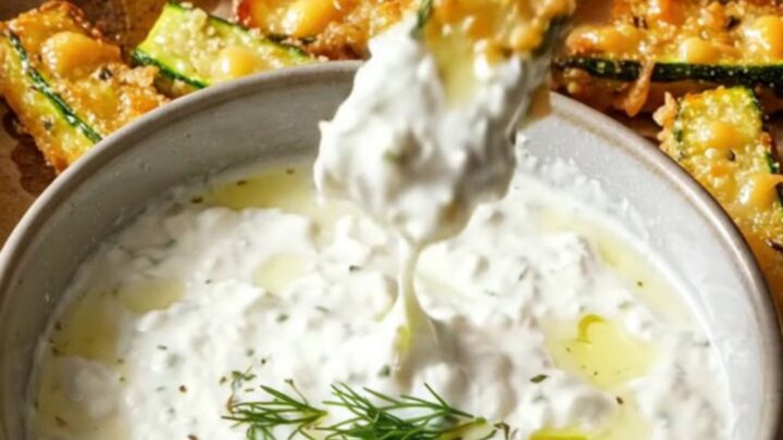 Crispy baked zucchini fries with golden Parmesan crust and a bowl of garlic herb yogurt dip.