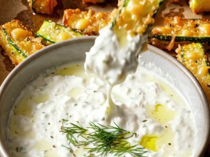 Crispy baked zucchini fries with golden Parmesan crust and a bowl of garlic herb yogurt dip.