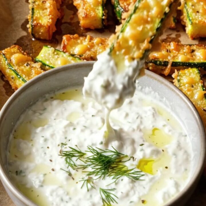 Crispy baked zucchini fries with golden Parmesan crust and a bowl of garlic herb yogurt dip.
