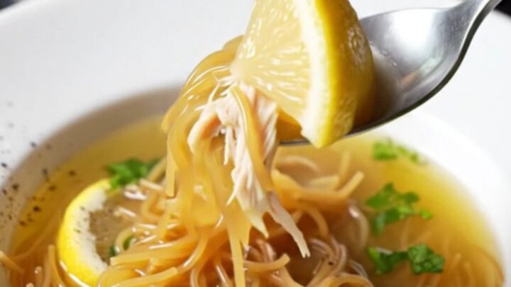 A bowl of golden vermicelli chicken soup with shredded chicken, parsley, and steam rising