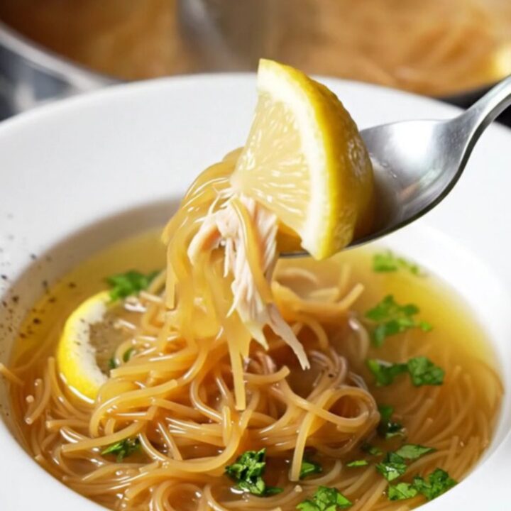 A bowl of golden vermicelli chicken soup with shredded chicken, parsley, and steam rising