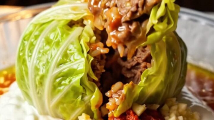 A roasted cabbage parcel sliced open on a bed of cold garlic yogurt, showing the spiced beef and rice filling.