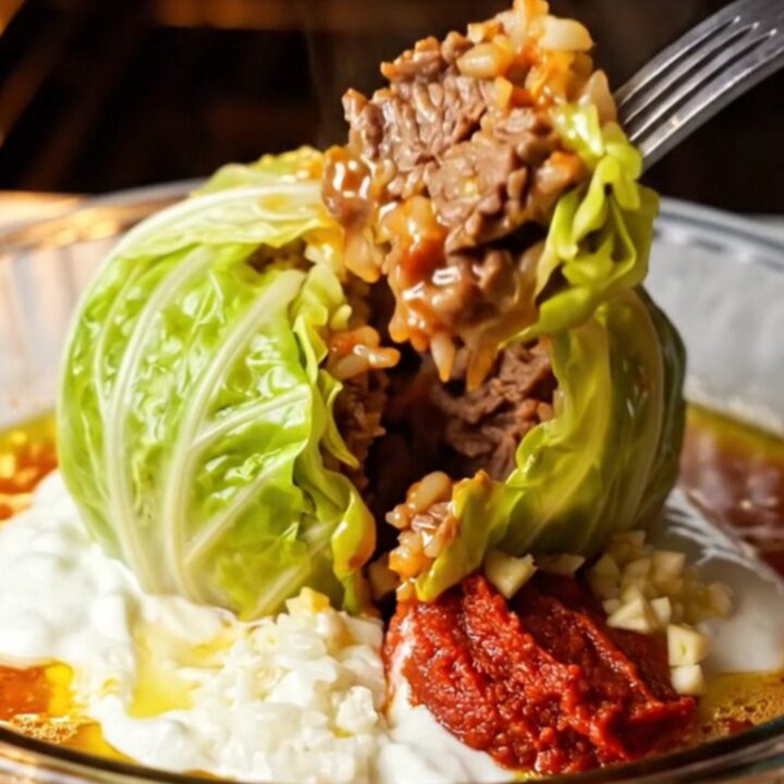 A roasted cabbage parcel sliced open on a bed of cold garlic yogurt, showing the spiced beef and rice filling.