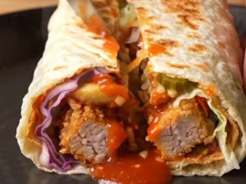 Crispy chicken lavaş wrap sliced in half showing layers of chicken, fries, cabbage, and sauce