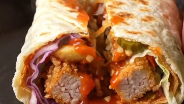 Crispy chicken lavaş wrap sliced in half showing layers of chicken, fries, cabbage, and sauce