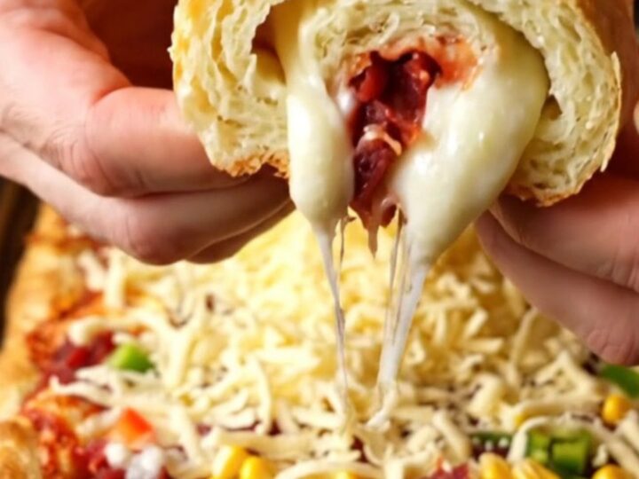 Sheet-pan breakfast pizza rolls with sucuk, corn, peppers, and melted cheese, rolled up and served on a wooden board.