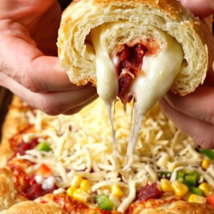 Sheet-pan breakfast pizza rolls with sucuk, corn, peppers, and melted cheese, rolled up and served on a wooden board.