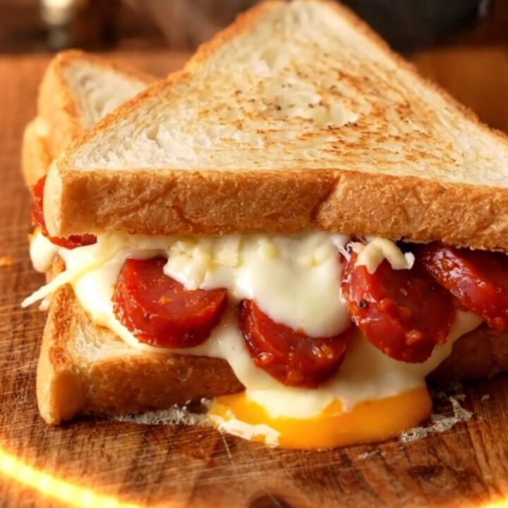 Crispy triangle toast sandwich cut open showing melted mozzarella and sucuk