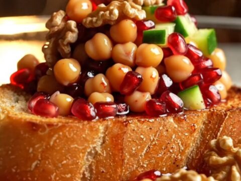 Diced cucumbers, chickpeas, and tomato salad with pomegranate dressing in a glass bowl, garnished with parsley and walnuts.