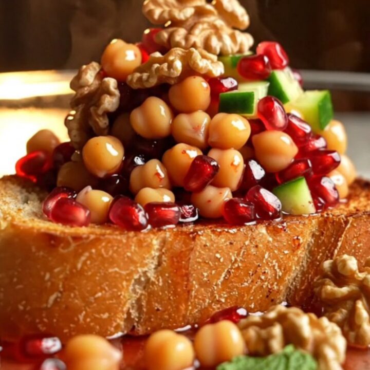 Diced cucumbers, chickpeas, and tomato salad with pomegranate dressing in a glass bowl, garnished with parsley and walnuts.