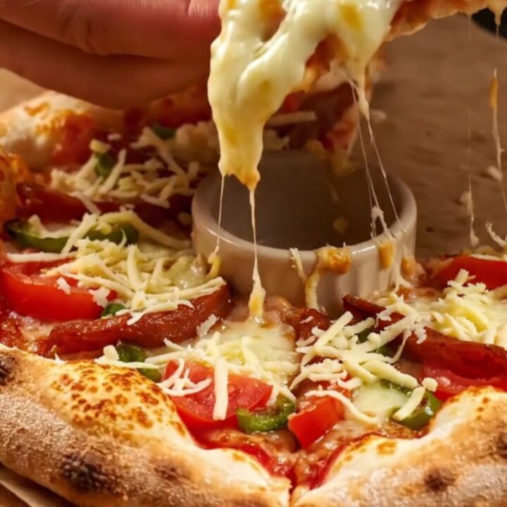 Golden crown ring pizza with melted kaşar cheese, sucuk, tomatoes, and peppers on a parchment-lined baking sheet.