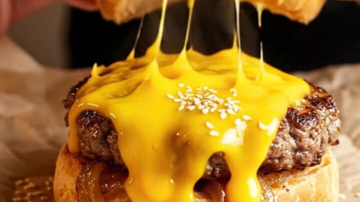 Golden cheeseburger bombs with sesame seeds on a baking sheet, one torn open showing melted cheddar and beef.