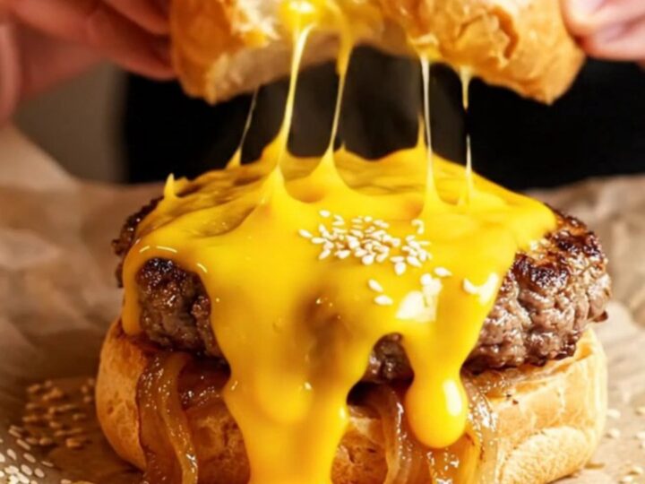Golden cheeseburger bombs with sesame seeds on a baking sheet, one torn open showing melted cheddar and beef.