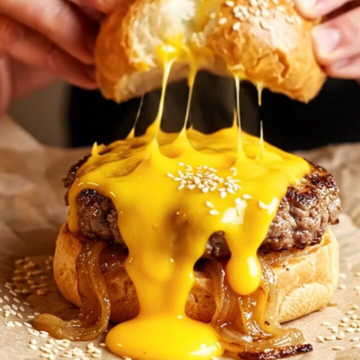 Golden cheeseburger bombs with sesame seeds on a baking sheet, one torn open showing melted cheddar and beef.