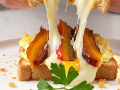 Golden crispy toast sandwich cut in half with molten cheese pull