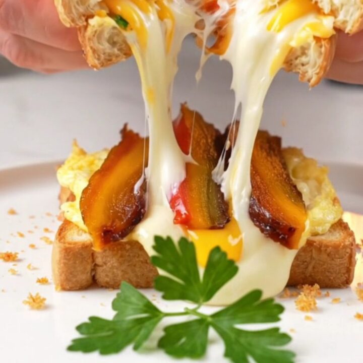 Golden crispy toast sandwich cut in half with molten cheese pull