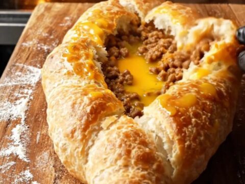 Golden pide torn open showing juicy beef filling and steam rising