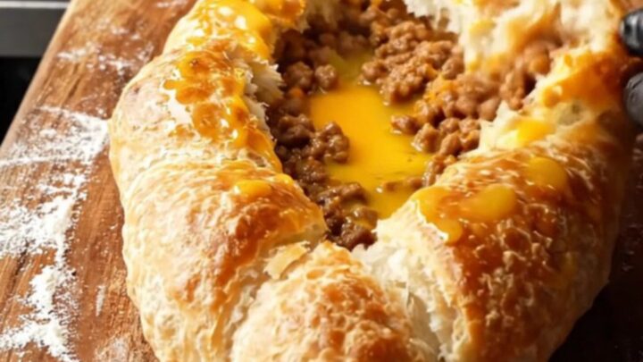 Golden pide torn open showing juicy beef filling and steam rising