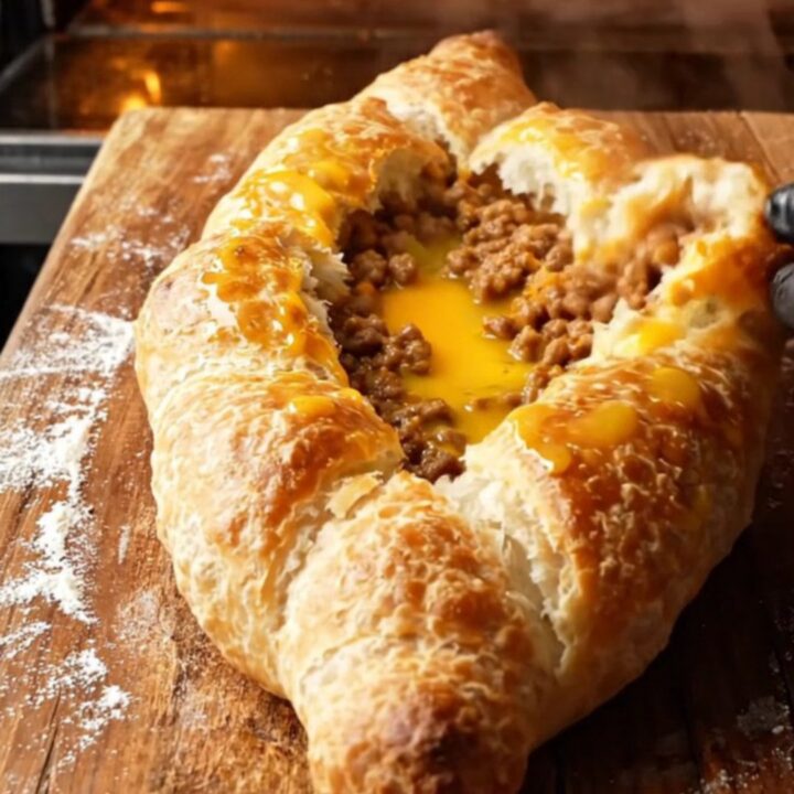 Golden pide torn open showing juicy beef filling and steam rising