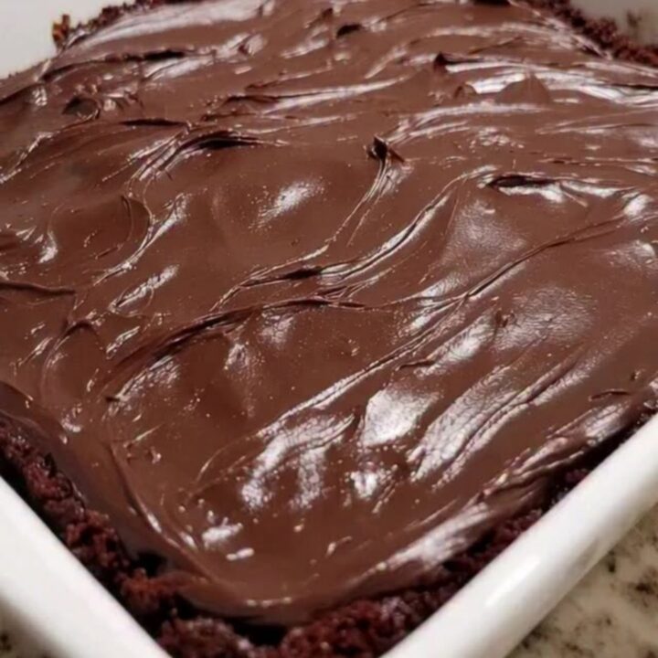 A slice of moist, dark chocolate cake topped with a thick layer of glossy, swirled fudge frosting on a plate.