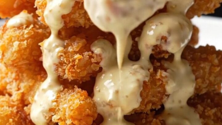 A pile of crispy golden chicken strips drizzled with creamy Alfredo sauce and sprinkled with fresh parsley on a white