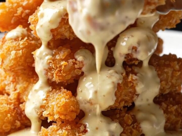 A pile of crispy golden chicken strips drizzled with creamy Alfredo sauce and sprinkled with fresh parsley on a white