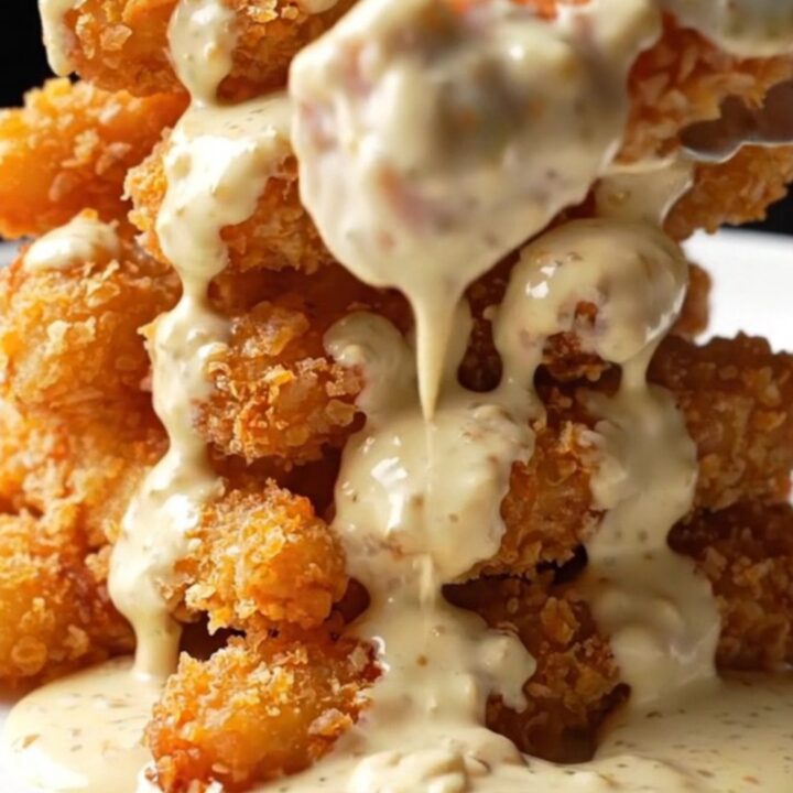 A pile of crispy golden chicken strips drizzled with creamy Alfredo sauce and sprinkled with fresh parsley on a white