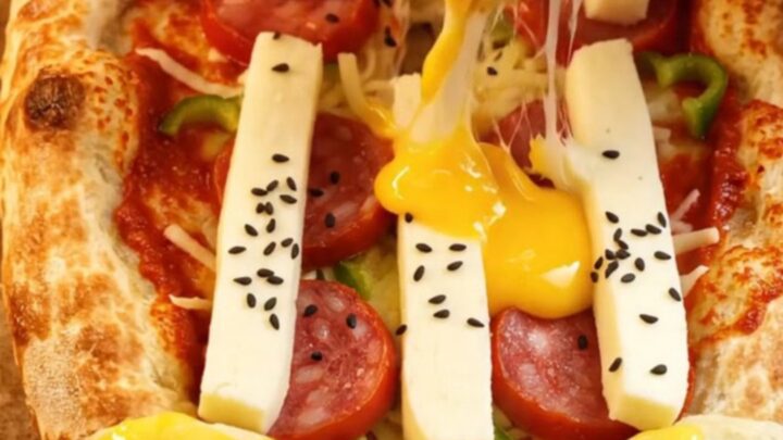 Golden lavaş pizza with stuffed cheese crust and colorful toppings