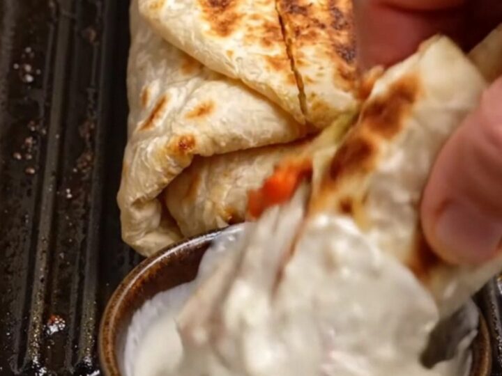 Sliced chicken shawarma wrap with crispy fries and pickles, dipped in garlic toum sauce