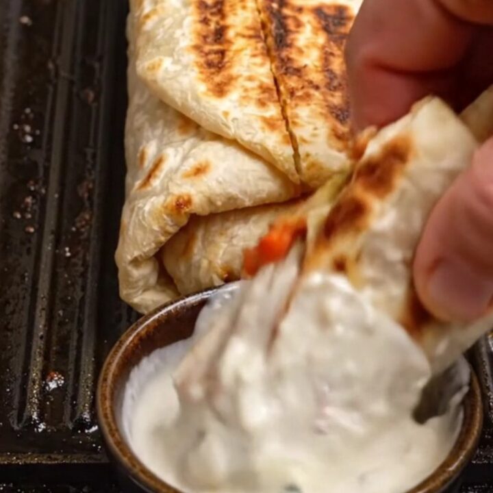 Sliced chicken shawarma wrap with crispy fries and pickles, dipped in garlic toum sauce