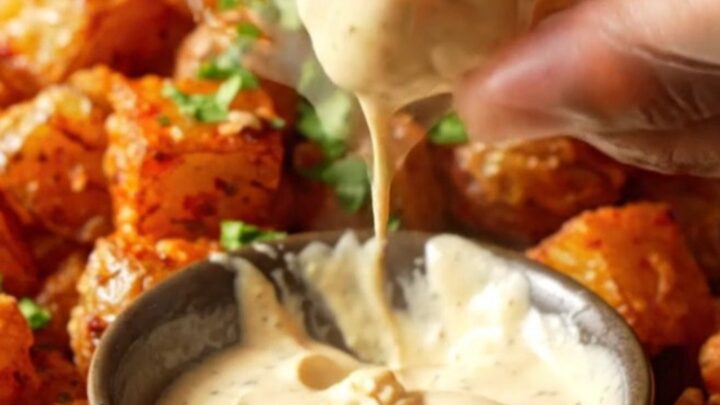 Golden crispy potato cubes tossed in a spicy red harissa glaze, garnished with fresh parsley