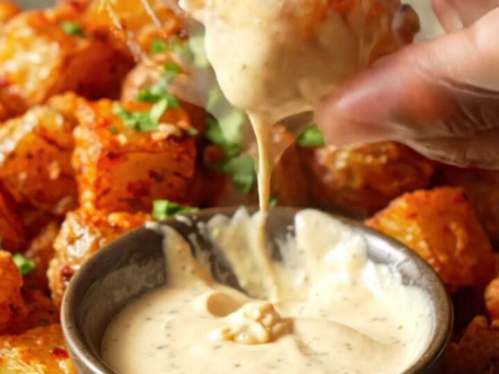 Golden crispy potato cubes tossed in a spicy red harissa glaze, garnished with fresh parsley