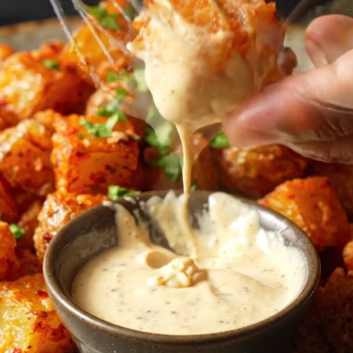 Golden crispy potato cubes tossed in a spicy red harissa glaze, garnished with fresh parsley