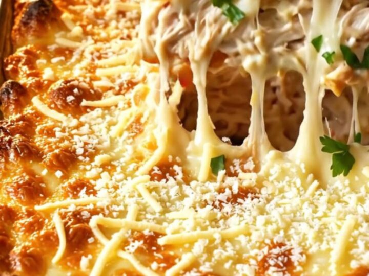Golden cheese crust on a baked chicken and pepper casserole