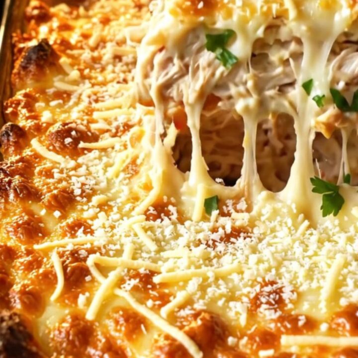 Golden cheese crust on a baked chicken and pepper casserole
